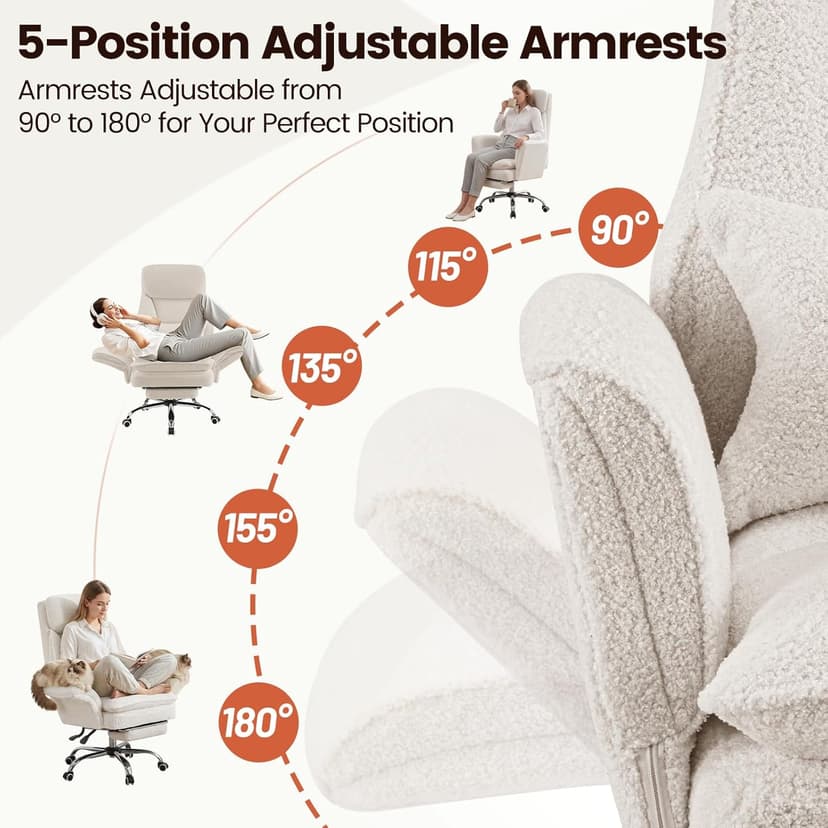 Furniliving Criss Cross Office Chair with Armrests & Wheels, Big and Tall Office Chair with Footrest, Flip Armrests for Pets, Wide Seat Cross Legged Desk Chair, Ergonomic Computer Chair, Teddy, White