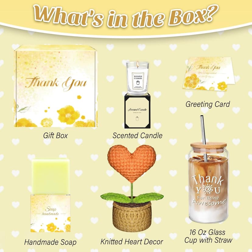 Thank You Gifts for Women, Employee Appreciation Gifts with 16 Oz Glass Cup, Scented Candle, Gift Baskets for Women, Coworker, Teacher, Birthday, Thanksgiving, Christmas, Anniversary (Yellow)