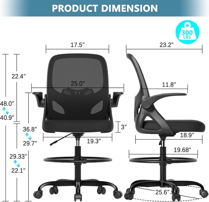 Kensaker Drafting Chair Tall Office Chair, Ergonomic Standing Desk Chair with Adjustable Foot Ring and Flip-up Armrests, Mesh Computer Chair for Art Studio, 300 LBS, Black