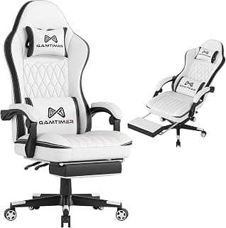 Gamtimer Gaming Chair with Footrest, Ergonomic Computer Chair, PU Breathable Material with Headrest and Lumbar Support, Suitable for Silla Gamer and Adults (White)