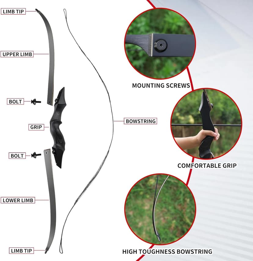 Black Hunter Recurve Bow 60" Right-Handed Bow Ergonomically Designed for Comfortable Grip Suitable for Beginners and Longbow Enthusiasts to Train Or Hunt