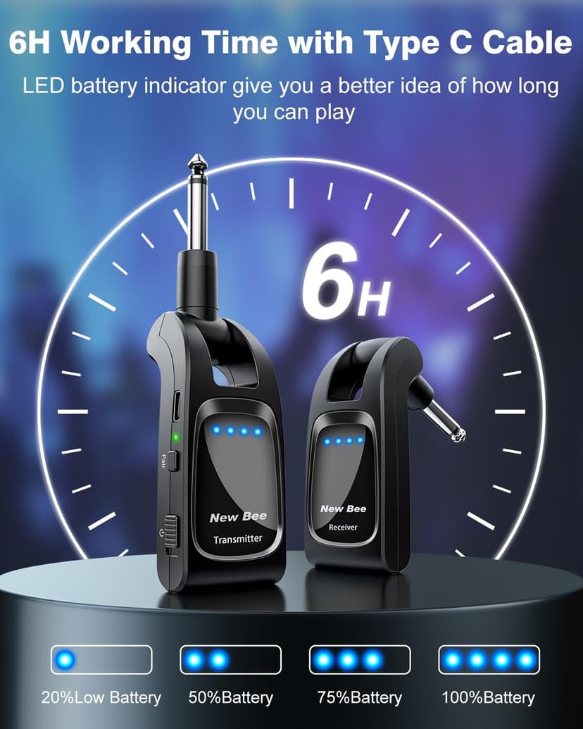 Wireless Guitar System 2.4 GHz with 6 Channels Rechargeable Audio Wireless Guitar Transmitter Receiver for Bass Electric Instruments