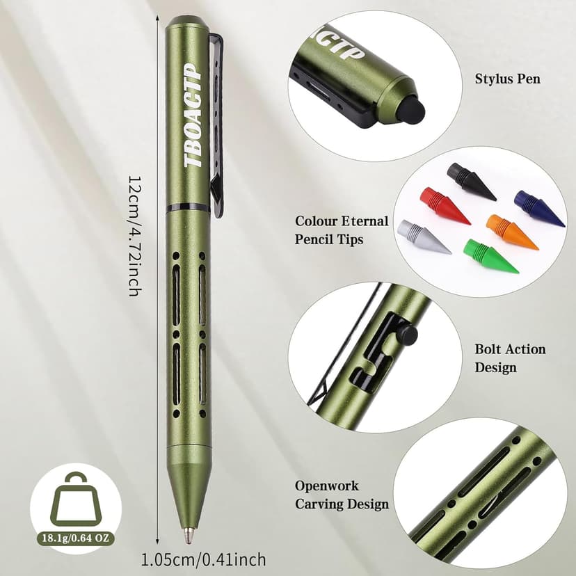 4.7″ Mini 3 EDC Ballpoint Pen, Pencil and Stylus in One, with 2 Refill, 6 Pencil Tip and 2 Stylus Tip, Ultra Long Lasting Bolt Action Pen for Office, Learning, Working Green