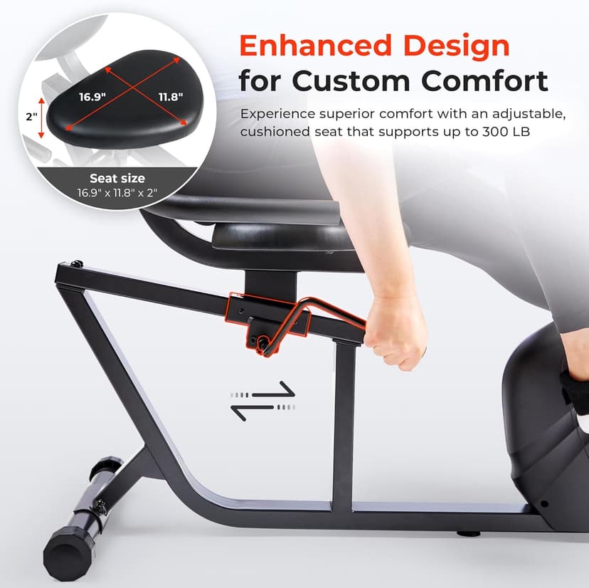 Sunny Health & Fitness Smart Heavy-Duty Recumbent Bike w/Wide Cushioned Seat & Back, Indoor Cycling Machine for Adult/Seniors Home Exercise, Free SunnyFit App Connect, Optional Workout Training Bands