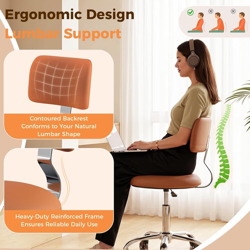 Rolling Stool Chair with Wheels, Office Drafting Chair with Back Support, Height Adjustable Standing Desk Stool with PU Leather Cushion for Home Office Kitchen Vanity Spa Garage Tattoo Dentist, Camel
