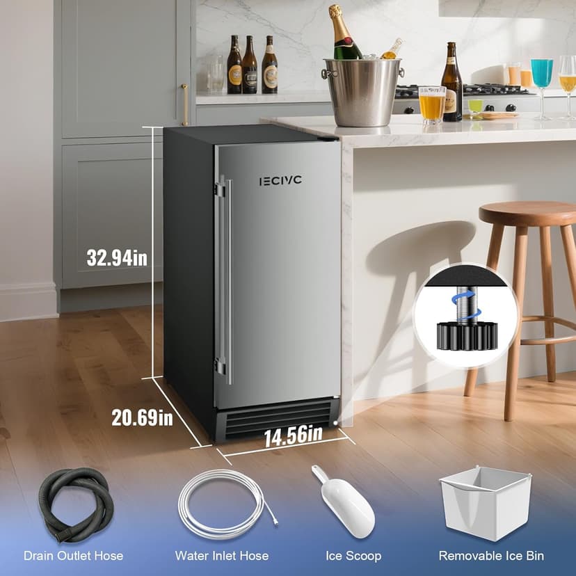 Commercial Under Counter Ice Maker Machine, 80 LBS/Day with 25 LBS Storage Bin, 15'' W Built-in & Freestanding Ice Maker, Auto-Cleaning, Ideal for Commercial Home Bar