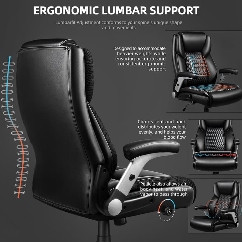 VITESSE 600lbs Big and Tall Office Chair with Flip up Armrest, Large Heavy Duty with Ergonomic Lumbar Support, Executive Office Chair for Heavy People with Quiet Rubber Wheel(Black)
