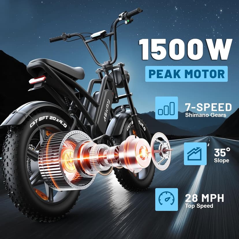 Electric Mountain Bike for Adults, 1500W Peak Motor Ebike, 28 MPH and 60 Miles PAS Range, 20 Inch Fat Tire Dirt E Bike for All-Terrain, 7 Speed, Electric Bicycles with 48V 15Ah Removable Battery