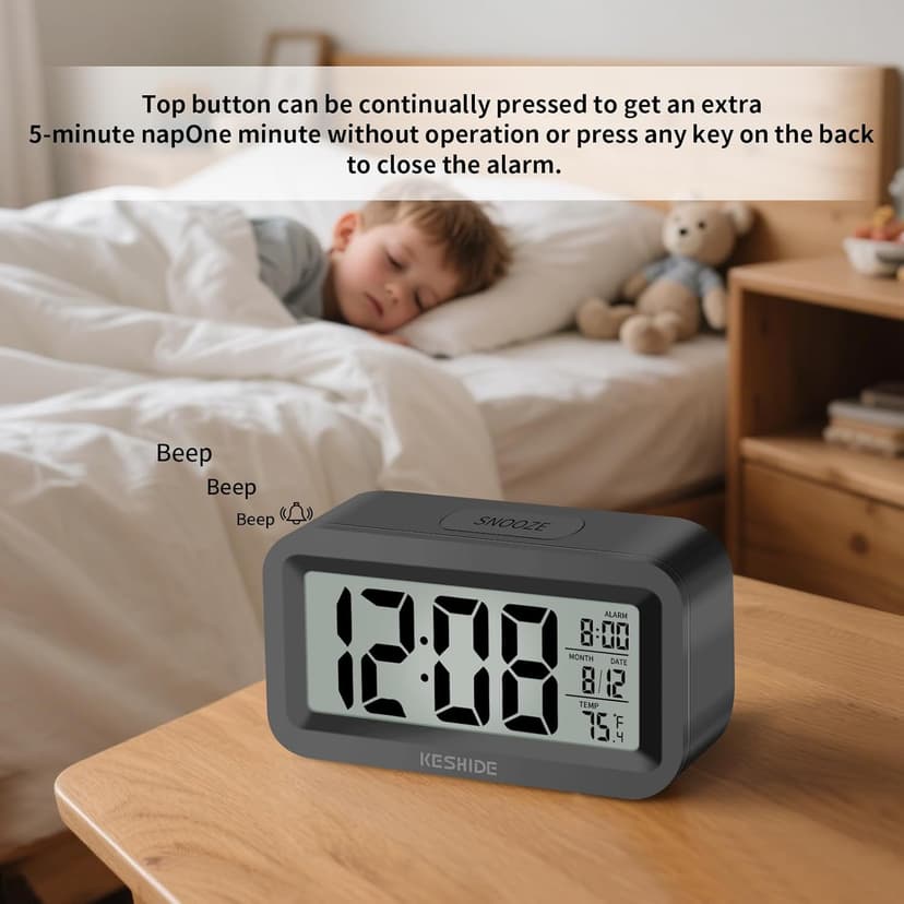 KESHIDE Travel Digital Alarm Clock, Battery Operated with Indoor Temperature, Desk Small Clock,Snooze Model,12/24H Display for Bedrooms Heavy Sleepers Kids Travel Bathroom (Black)