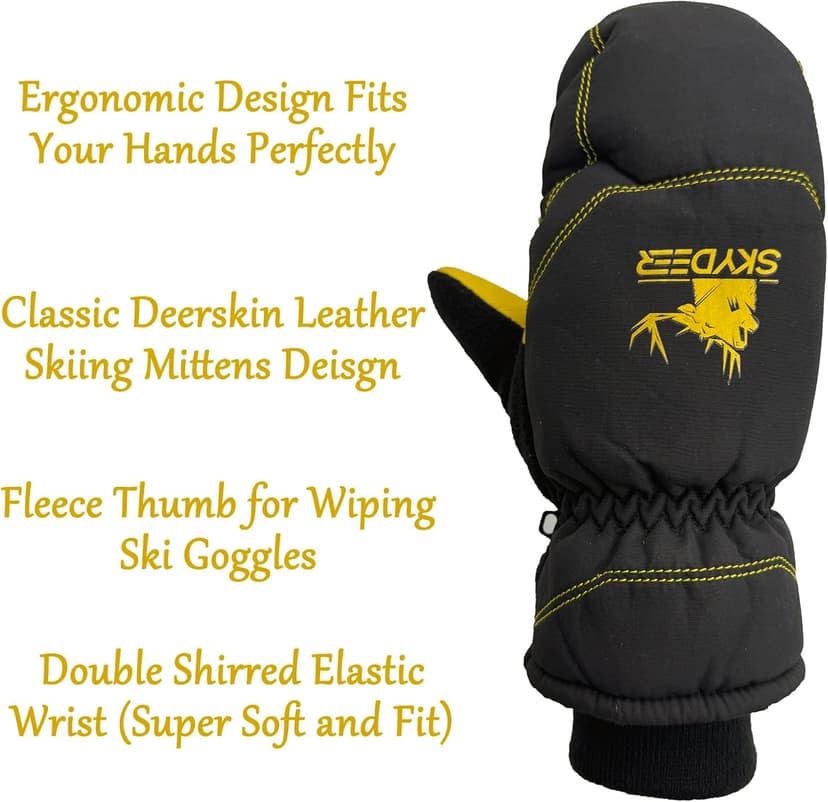 SKYDEER Warm Ski Mittens with Soft Premium Deerskin Leather and 150G 3M Thinsulate Insulation (SD8753M, Unisex)