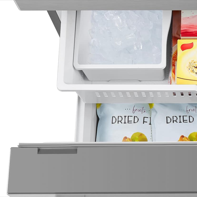 DE210FDBMDSS Refrigerator Built in with French Doors Adjustable Glass Shelves Dual Drawer Bottom Freezer with Ice Maker, LED Interior Light and Stainless Steel Exterior, 36-Inch, Metallic