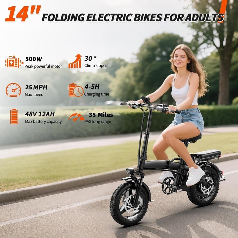 Folding Electric Bike for Adults, 500W Motor 25MPH & 35Miles Long Range, 14” Mini E-Bike with Removable 48V 576Wh Battery, UL Certified Electric Bicycle for Commuting & Teens