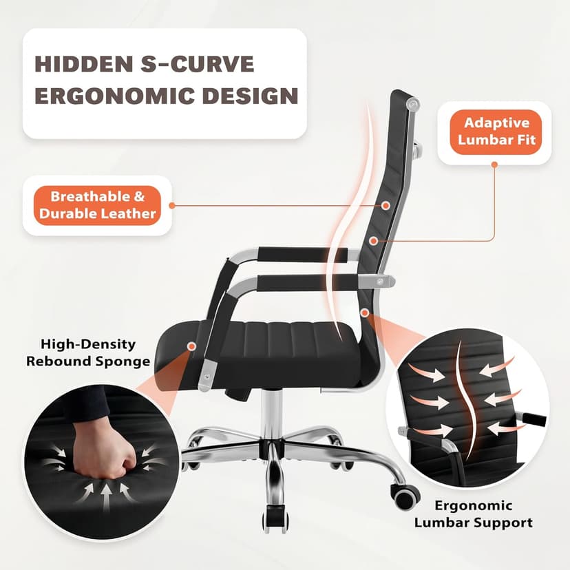 Furmax Ergonomic Office Desk Chair, Executive Ribbed Mid-Back PU Leather Conference Room Chair Adjustable Swivel Chair with Arms (1, Black)