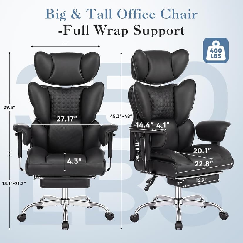 DUMOS Big and Tall Home Office Desk Chair, Gaming Computer Chair, Executive Ergonomic Chair with Footrest, High Back Reclining, Adjustable Armrests and Comfy Lumbar Support, PU Leather, Black