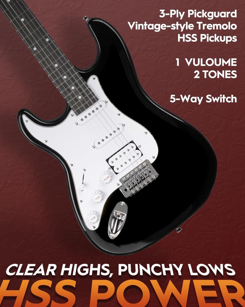 STRICH Electric Guitar Left Hand Beginner Kit, Solid Body 39" Electric Guitar HSS Pick Up for Starter, with 5W x 2 Amp, Bag, Digital Tuner, Capo, Strap, String,Cable, Picks, SST-S20L Black