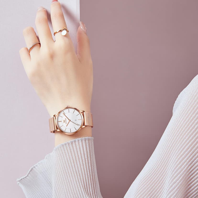 OLEVS Women's Watch Luxury Dress Rose Gold Women Slim Thin Lightweight Watch Stainless Steel Mesh Watches Fashion Waterproof Ladies Wrist Watch Black White Blue Face,Adjustable Bracelet