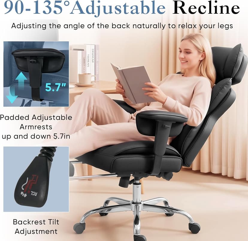 DUMOS Big and Tall Home Office Desk Chair, Gaming Computer Chair, Executive Ergonomic Chair with Footrest, High Back Reclining, Adjustable Armrests and Comfy Lumbar Support, PU Leather, Black