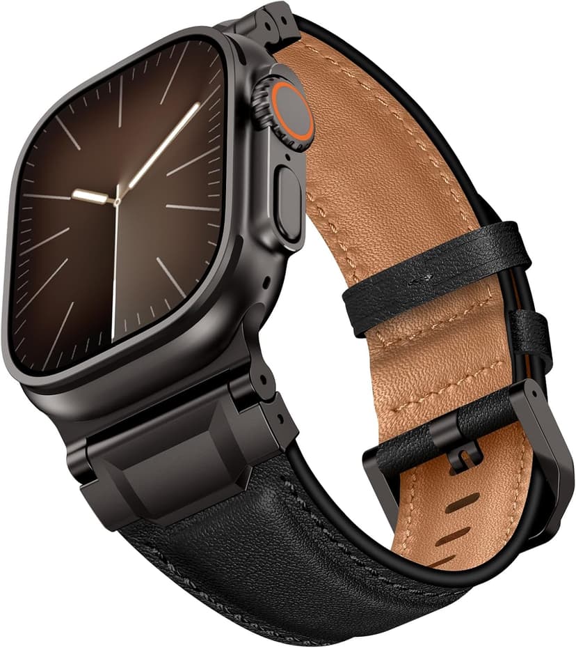 LOIRNBR Leather Bands Compatible with Apple Watch Ultra 3/2/1 Band 49mm 46mm 45mm 44mm 42mm Men, Genuine Leather Metal Connector Strap for iWatch Ultra Series 11/10/9/8/7/SE/6/5/4/3/2/1, Black/Black