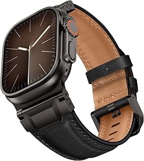 LOIRNBR Leather Bands Compatible with Apple Watch Ultra 3/2/1 Band 49mm 46mm 45mm 44mm 42mm Men, Genuine Leather Metal Connector Strap for iWatch Ultra Series 11/10/9/8/7/SE/6/5/4/3/2/1, Black/Black