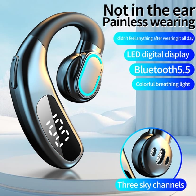 SZHYHTIKI Bluetooth Single Headset,180° Rotatable Open Ear Wirless Earbud,36H Playtime Bluetooth 5.5 Earpiece,IPX5 Waterproof,LED Display Power Earphone for Business/Office/Driving/Sporting
