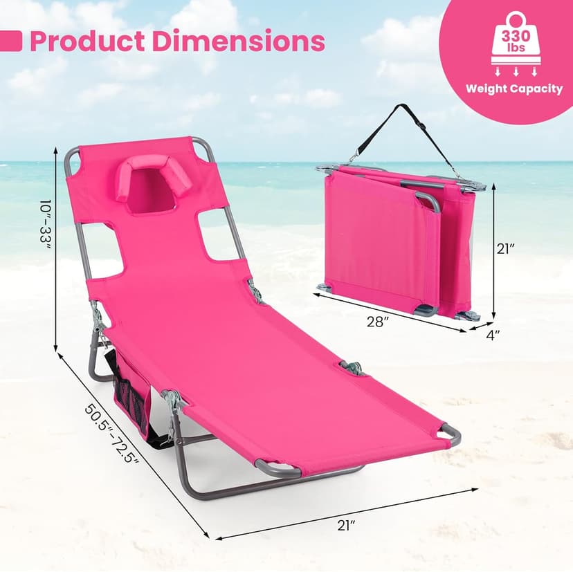 Goplus Tanning Chair, Portable Lightweight 10.5LBS Beach Lounger with Face Arm Holes, Adjustable 5-Position, 330LBS Capacity, Side Pocket, Removable Cushions, Portable Sunbathing Chair for Pool