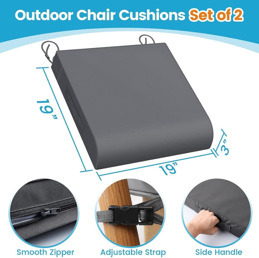 TasticTotes 19 x 19 x 3 Inch Patio Chair Cushions - Set of 2, Waterproof Outdoor Seat Cushions with Adjustable Straps and Handles, Fade-Resistant Chair Pads for Outdoor Furniture, Garden, Beach, Grey
