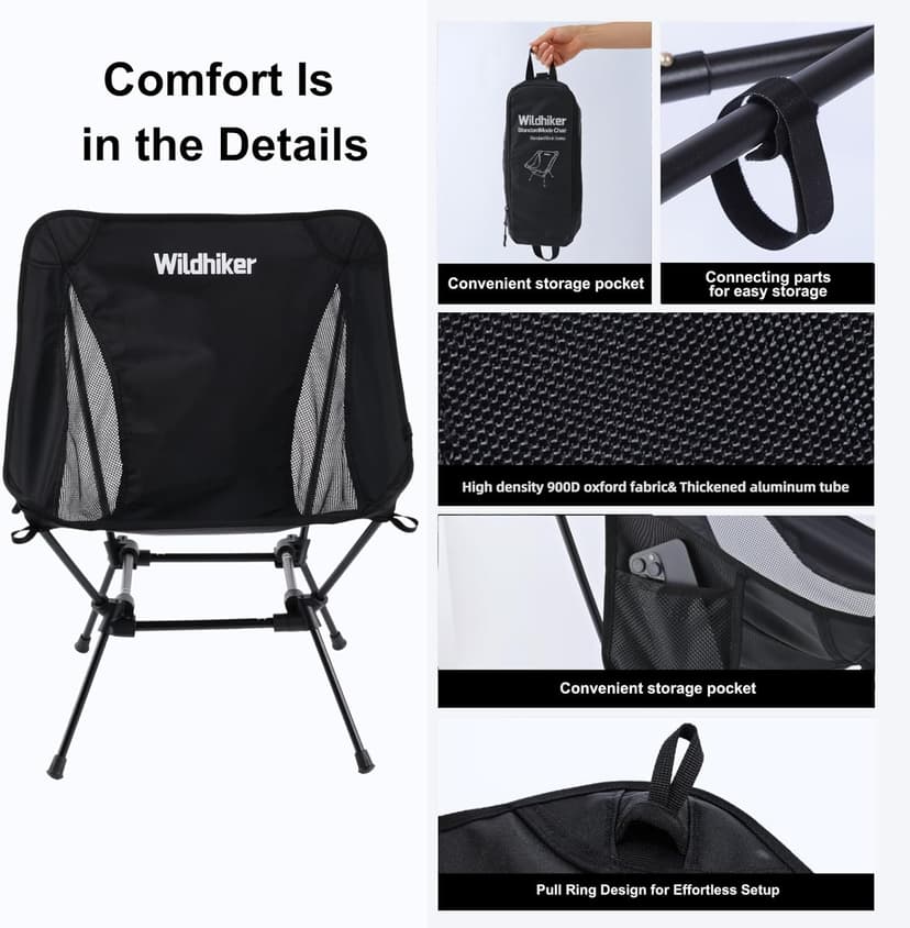 Wildhiker Lightweight Camping Chair – Folding Portable Chair for Adults, 2.16 lbs with Square Base and Carry Bag for Travel, Fishing, Motorcycle, Festival– Black