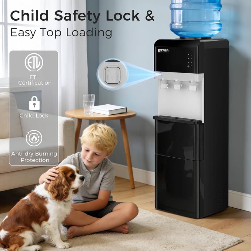 OSTBA Water Dispenser with Ice Maker for 3 & 5 Gallon Bottles, Top Loading Water Cooler with Hot Cold & Room Temperature Water, Bullet Ice Maker, Child Safety Lock for Home Office