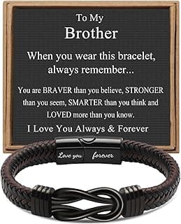 𝗞𝗻𝗼𝘁 𝗕𝗿𝗮𝗰𝗲𝗹𝗲𝘁 𝗚𝗶𝗳𝘁𝘀 𝗳𝗼𝗿 𝗠𝗲𝗻 Brown Braided Leather Stainless Steel Infinity Bracelets Lettering Love You Forever Gifts for Son Grandson Husband Boyfriend Brother Always Linked Together