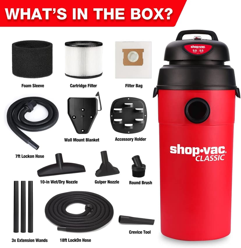 Shop-Vac 5 Gallon 5.5 Peak HP Wet/Dry Vacuum, Wall Mountable Compact Shop Vacuum with 18+7Ft Long Hose & Attachments, Ideal for Jobsite, Garage, Car & Workshop. 9522236