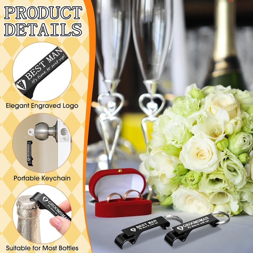Aluminum Beer Wine Opener for Mens Bachelor Party, Groomsmen Proposal Gift Set Includes 9 Groomsman and 1 Best Man Jingmore 10 Pcs Groomsmen Bottle Opener Keychain Wedding Party Bulk, Black B0FQNWRHCS