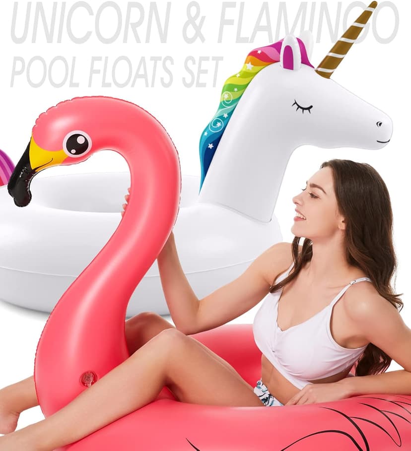 Inflatable Unicorn Flamingo Pool Floats - Jasonwell 2 Pack Pool Floaties Inflatables Rafts for Swimming Pool Tubes for Floating Lake Beach Floaty Swim Rings Pool Party Toys for Adults Kids