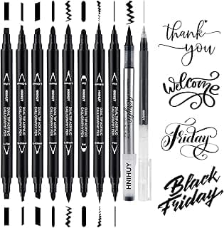 Dual Tip Black Acrylic Calligraphy Pens, 10 Size Calligraphy markes for Writing, Hand Lettering Pen for Art Drawing, Sketching, Scrapbooking, Brush Pens Calligraphy Set for Beginners