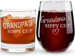 On The Rox Drinks Grandma and Grandpa Gifts - 17oz Grandma's and 11oz Grandpa's Sippy Cups, Set of 2- Gift Wine and Whiskey Glasses - Gift Ideas for First-Time Grandmother or New Grandparents