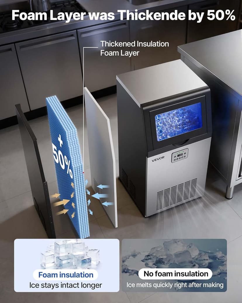 VEVOR Commercial Ice Maker Machine, 100 lbs/24h with 30 lbs Storage Capacity, Built-in/Freestanding/Under Counter, Stainless Steel Ice Maker with LED Display & Self-Cleaning, for Home Bar Restaurant