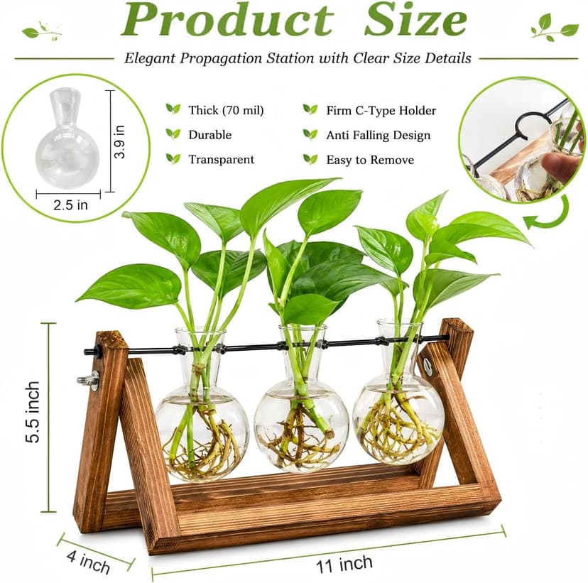 Unique Gardening Birthday Gifts for Women Plants Lovers, Home Office Garden Decor Planter - 3 Bulb Glass Vases Renmxj Plant Propagation Station, Plant Terrarium with Wooden Stand B096VDR4TM