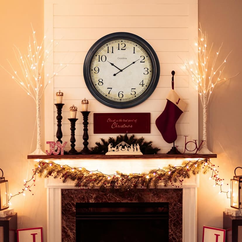 Crosstime 24 Inch Wall Clock Battery Operated Silent Round Vintage Large Wall Clocks for Living Room Farmhouse Decor, Black-Brown