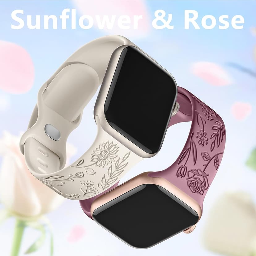 SNBLK 6 Pack Floral Engraved Bands Compatible with Apple Watch Bands 40mm 41mm 42mm 38mm 44mm 45mm 46mm 49mm Women Men, Silicone Flower Pattern Strap for iWatch Series 11 10 Se Ultra 9 8 7 6 5 4 3 2 1