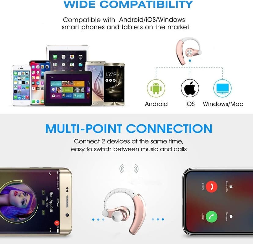 PONYBRO Wireless Headset with Mic,Unmatched Comfy Wireless Earbud w/ 8 Hrs, HiFi Sound Cell Phone Earpiece Hands Free Headphone Compatible with Android/iPhone/Smartphones/Laptop, Rose Gold