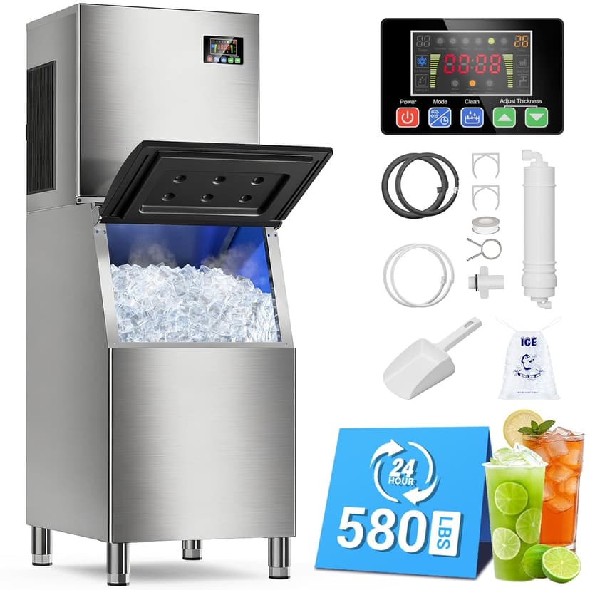Commercial Ice Maker Machine, 680LBS/24H Ice Production with 560LBS Storage Bin, Industrial Ice Machine with Self-Cleaning, 12 Adjustable Ice Thickness Levels, Stainless Steel