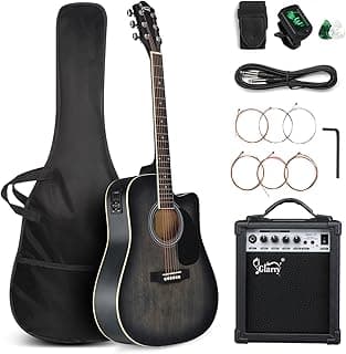 GLARRY Full Size 6 Strings Acoustic Electric Guitar Beginner Kit w/ 15W Amp, Cutaway 41 Inch Electric Acoustic Guitar w/Inbuilt Tuner, Bag, Strap, Picks, Strings, Basswood Guitarra, Distressed Black