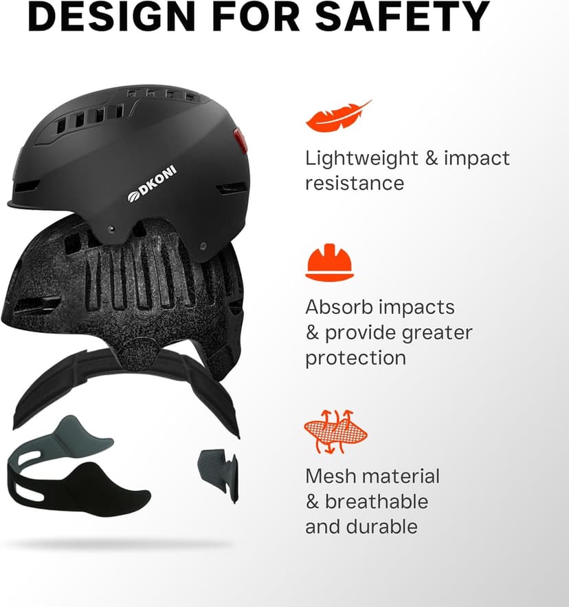 DKONI Bike Helmet with LED Lights Bicycle Helmets Commuter Cycling Helmet USB Rechargeable Front & Back LED Light Helmet for Adult Men Women