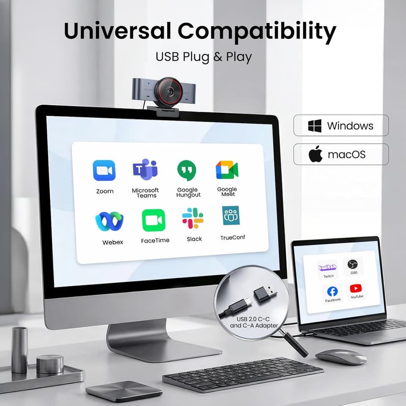 EMEET C960 Ultra 4K Webcam for Mac & PC, 1/1.5" Large Sensor, Metal Body, 0.2s Autofocus, DRC, Whiteboard Mode, Built-in Privacy Cover, 2 Mics, USB Webcam 4K for Meetings, Streaming & Content Creation
