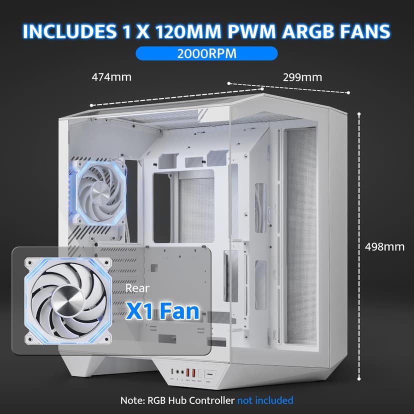 darkFlash Full-Tower ATX Gaming PC Case, Back Plug-in Motherboard, Vertical GPU Mounting, Dual-Chamber, Panoramic Glass, Up to 2 x 360mm Radiators, RTX 40 Compatible(DY470) (1 PWM ARGB Fans, White)