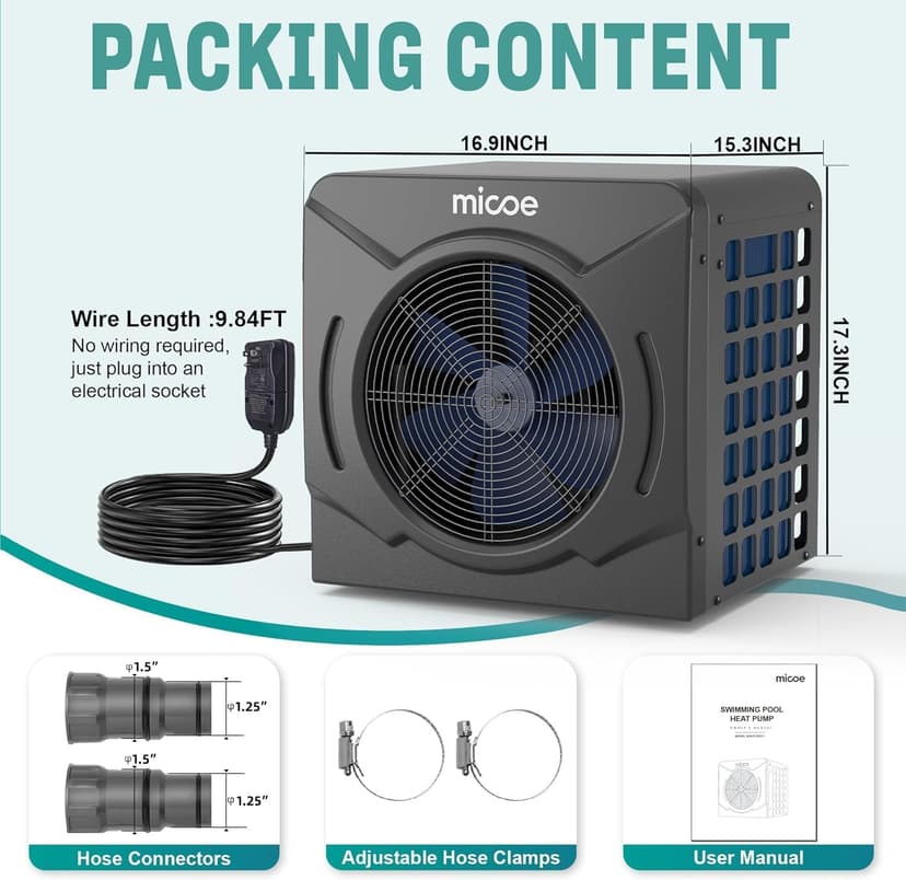 MICOE 17,000 BTU Energy-Efficient Electric Pool Heater for Above Ground Pools up to 5,000 Gallons, Ultra-Quiet 50 dB, 110–120V, Easy Install Kit Included