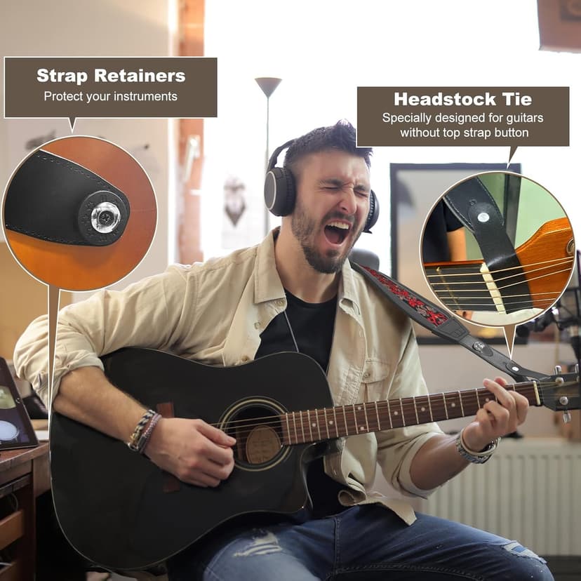 Guitar Strap and Bass Strap, Embroidered Guitar Strap, Adjustable Strap Length, Equipped with 3D Sponge Filled Foam Pad, Comes with 4 Picks + 2 Strap Locks, Best Gift for Guitar Players, Vintage Red