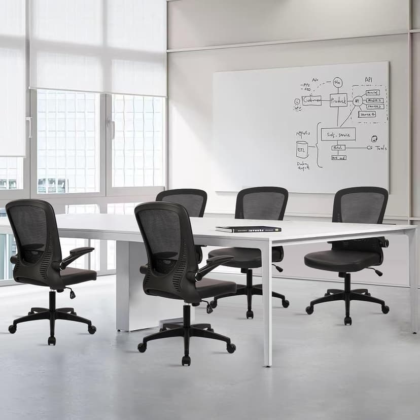 CLATINA Desk Chairs with PU Leather Seat, Flip Up Arms Ergonomic Mesh Back Office Chair with Lumbar Support, Adjustable Height Swivel Rolling Computer Chairs for Home Conference Meeting, Black, 8 Pack