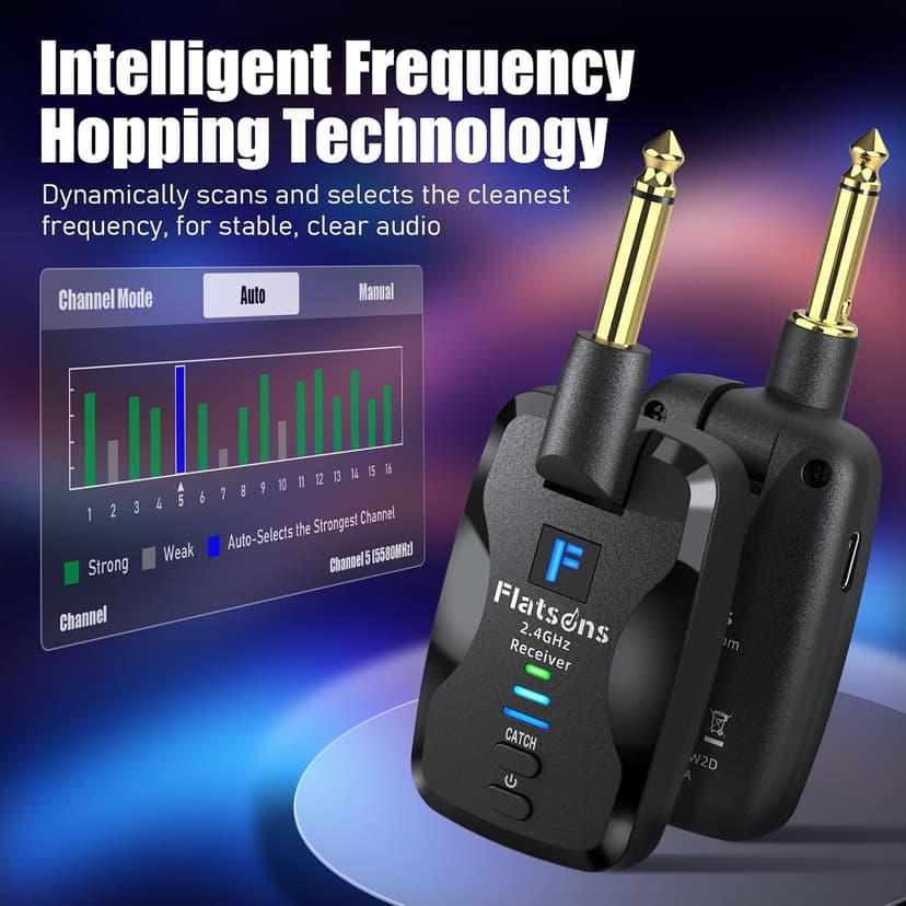 FW2D Wireless Guitar System Exclusive Mute Plug, 2.4 GHz Wireless Guitar Transmitter Receiver, 10H Working Cordless Guitar Transmitter Rechargeable USB C for Acoustic Electric Guitar Bass Ukulele etc
