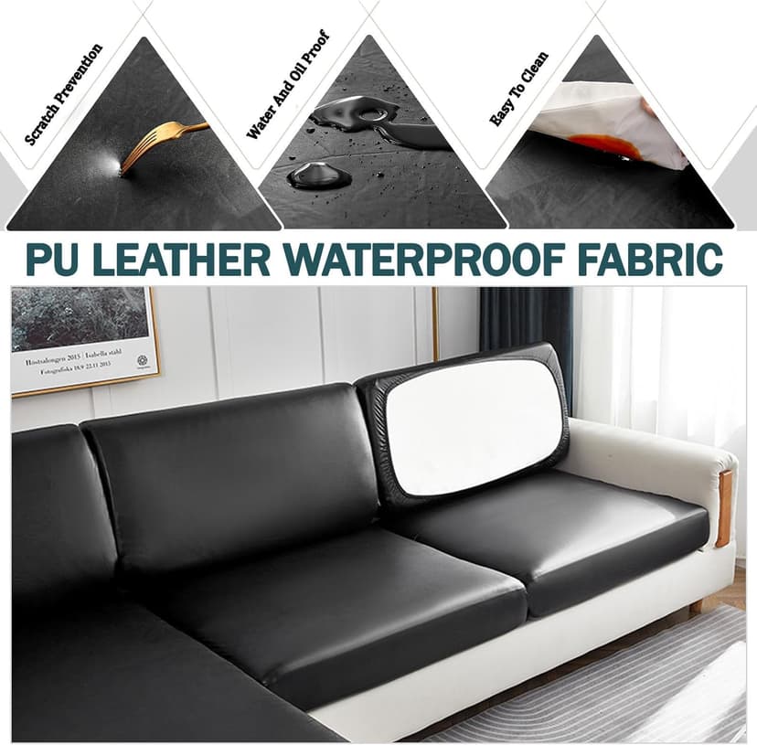 CLGTY Waterproof Couch Cushion Covers for Sofa, PU Leather L-Shaped Seat Cushion Cover Individual Separate Sectional Sofa Slipcovers Form Fitted for Cat Dog-Black-Chaise seat
