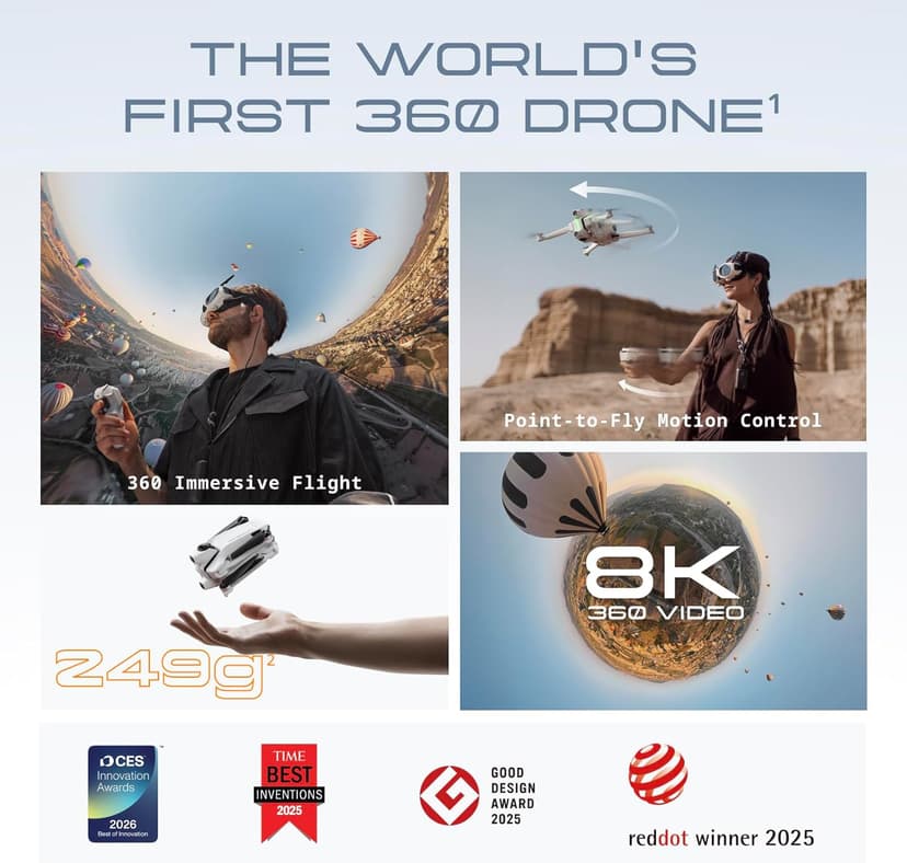 Antigravity A1 Infinity Bundle (3 High-Capacity Batteries) - 8K 360 Drone for Immersive Flight, Point-to-Fly Motion Control, Obstacle Avoidance, Deep Track, Auto Return, 10km Transmission, Auto Edit